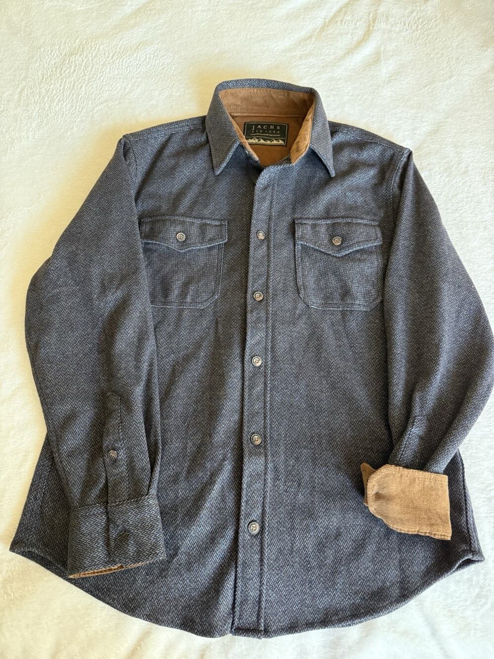 Jachs New York Flannel Shirt Jacket Mens Medium Navy Blue Brown Herringbone
